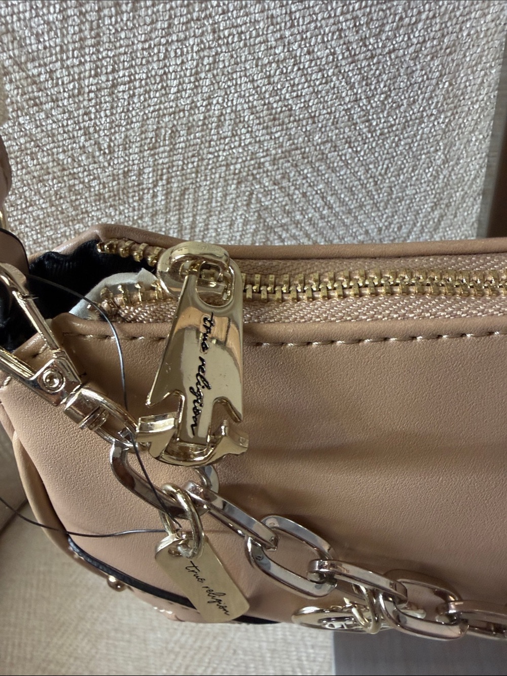 True Religion Beige Shoulder Bag with Silver Charm Chain - Picture 6 of 15